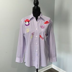 Woman’s size small button down striped long sleeve shirt embroidery patches